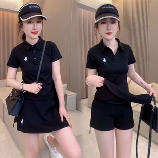 夏季新款polo领刺绣品质显瘦收腰减龄套装女短袖裤衩裙百搭两件套