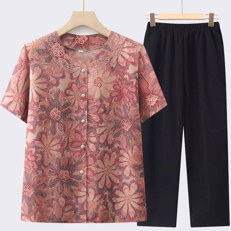 老太太夏装套装奶奶夏季衬衫开衫中老年人女装上衣70妈妈短袖衣服