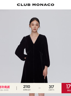 CLUB MONACO女士V领单排扣灯笼袖收腰显瘦丝绒桑蚕丝混纺连衣裙