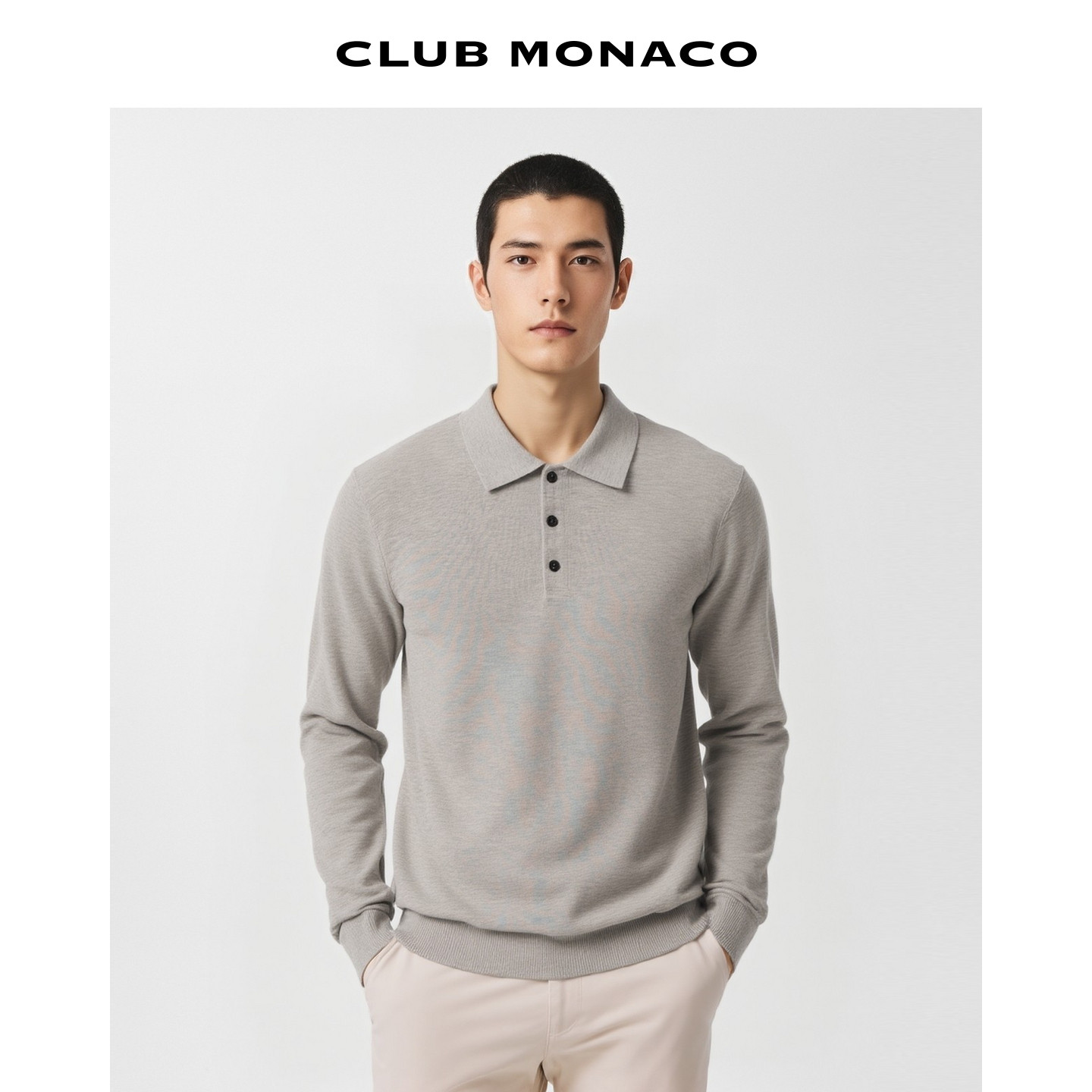 CLUB MONACO男士经典翻领桑蚕丝山羊绒长袖POLO衫针织毛衣