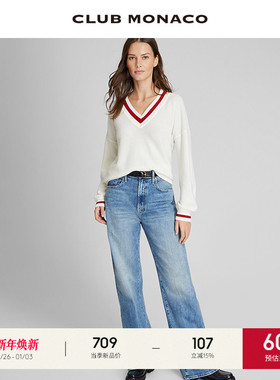 CLUB MONACO女装新春系列撞色V领中长款羊毛山羊绒混纺毛衣