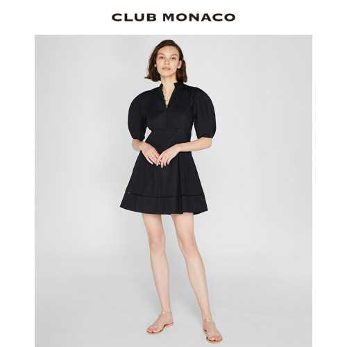 CLUB MONACO女装泡泡袖A字轻熟黑色赫本风连衣裙