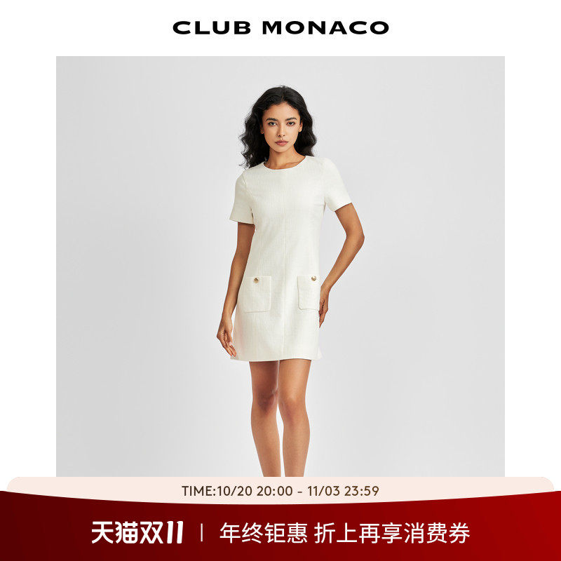 CLUB MONACO女装职场纯色气质百搭口袋短袖圆领连衣裙