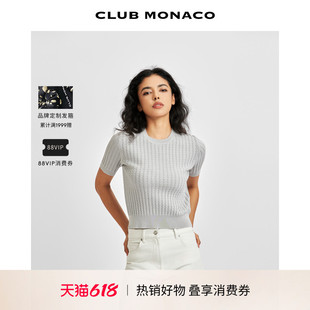 CLUB MONACO女装桑蚕丝混纺设计款纯色罗纹圆领短袖针织衫