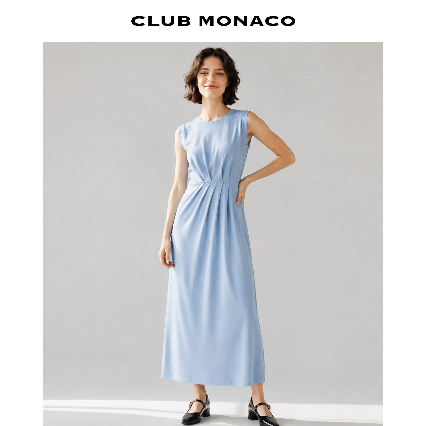 CLUB MONACO女士圆领无袖收腰褶皱修身显瘦长款开叉通勤连衣裙