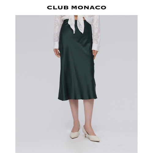 【100%桑蚕丝】CLUB MONACO女装复古纯色气质收腰褶皱A字裙