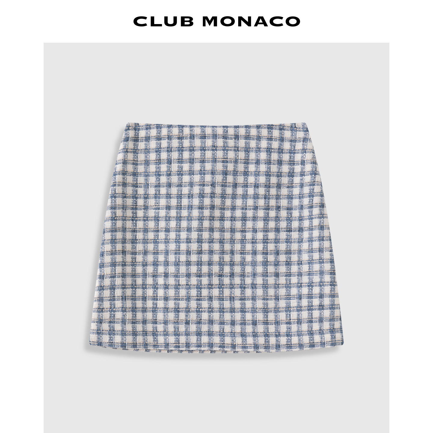 CLUB MONACO女士夏蓝白格纹粗花呢小香风A字短裙高腰显瘦半身裙