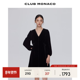 CLUB MONACO女士V领单排扣灯笼袖收腰显瘦丝绒桑蚕丝混纺连衣裙
