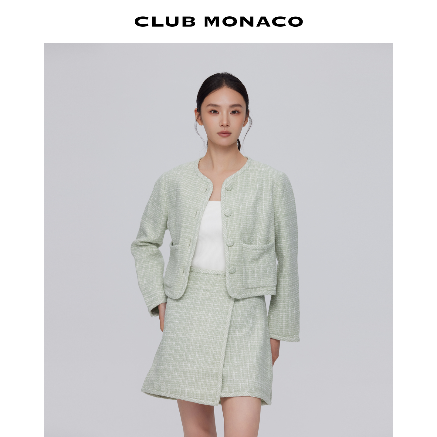 CLUB MONACO女装早秋浪漫小香风学院浅色细格纹短款西装外套