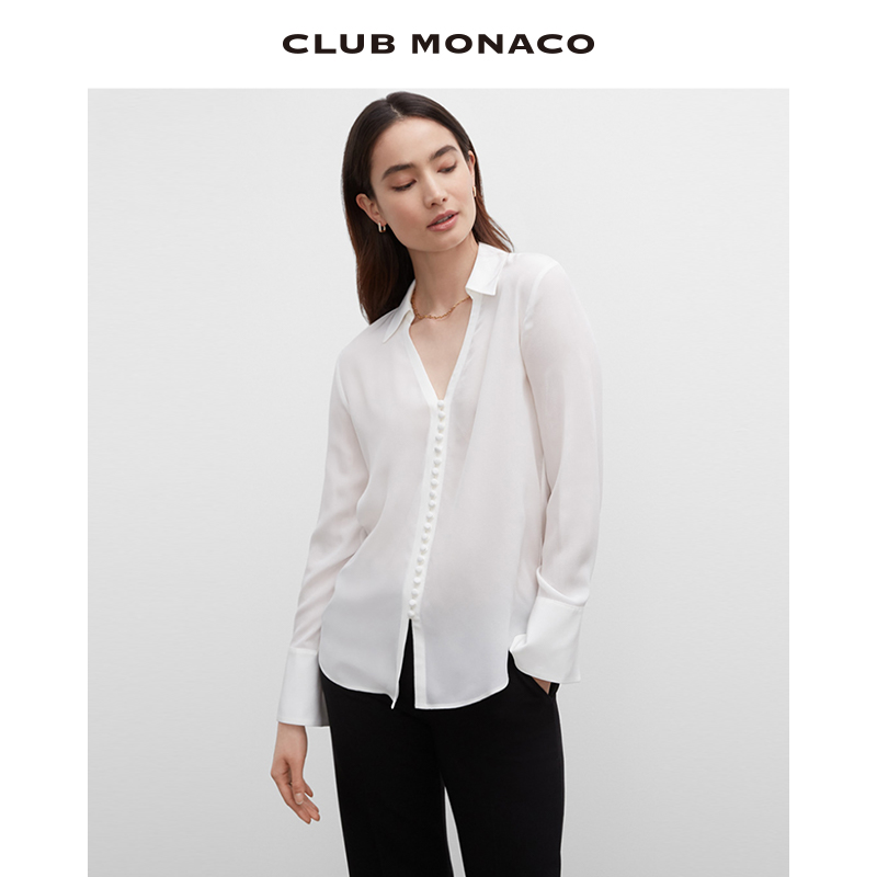 【100%桑蚕丝】品牌经典CLUB MONACO女装HELEKV领薄款长袖衬衫
