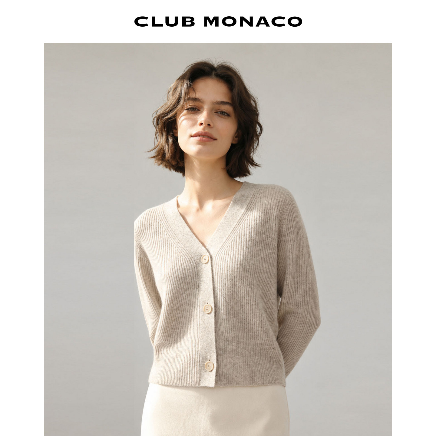 【100%山羊绒】CLUB MONACO女士夏燕麦色V领坑条短款针织开衫