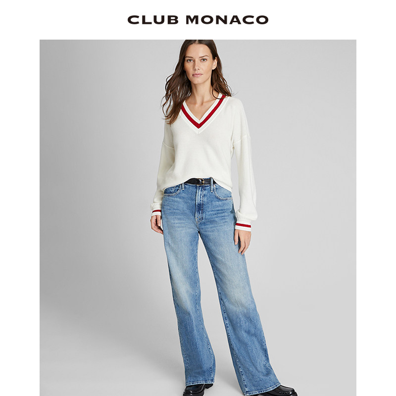 CLUB MONACO女装新春系列撞色V领中长款羊毛山羊绒混纺毛衣