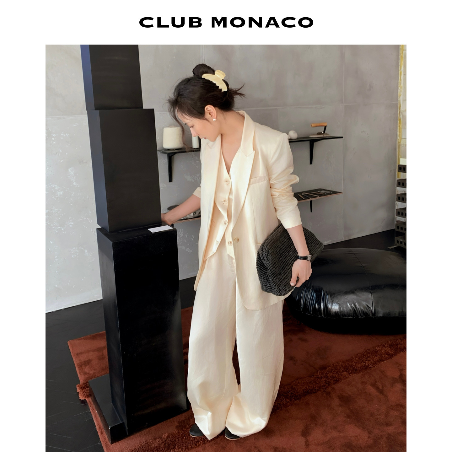 CLUB MONACO女士早春高腰褶皱阔腿长裤垂坠感通勤百搭西裤直筒裤