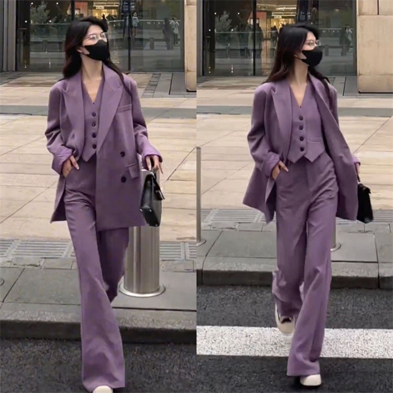 港风复古高级紫西服时尚套装气质显瘦女神2023早秋新款马甲三件套