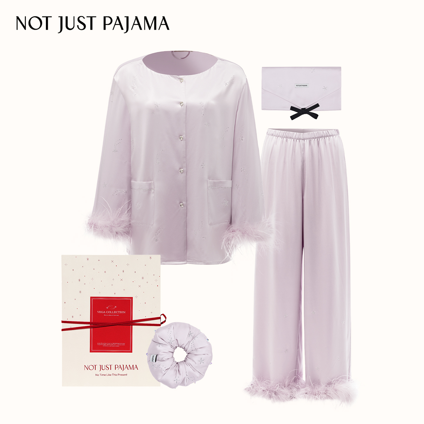Not Just Pajama VEGA系列真丝烫钻羽毛长袖睡衣礼盒生日新婚礼物