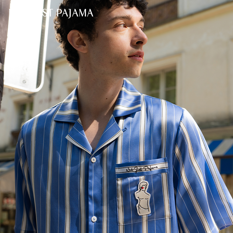Not Just Pajama心动博物馆系列蓝色条纹22姆米真丝睡衣套装