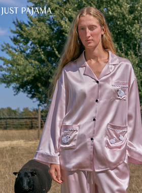 明星同款】Not Just Pajama 22姆米真丝拼接绒边情侣长袖睡衣