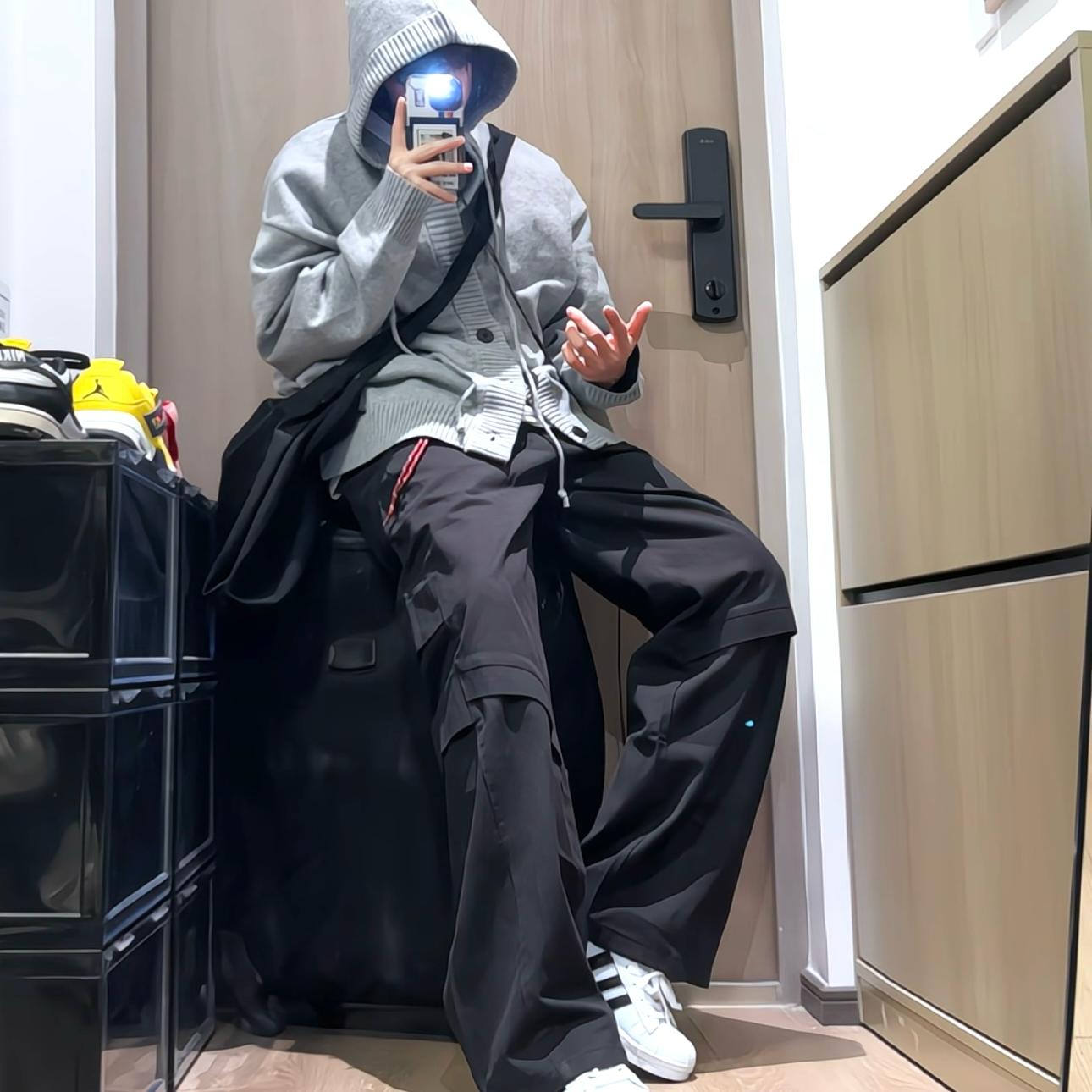 BUGU原创设计黑白纯色带配饰工装裤男女宽松复古休闲百搭直筒裤子