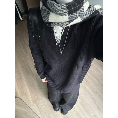 美式休闲男宽松假两件V领毛衣