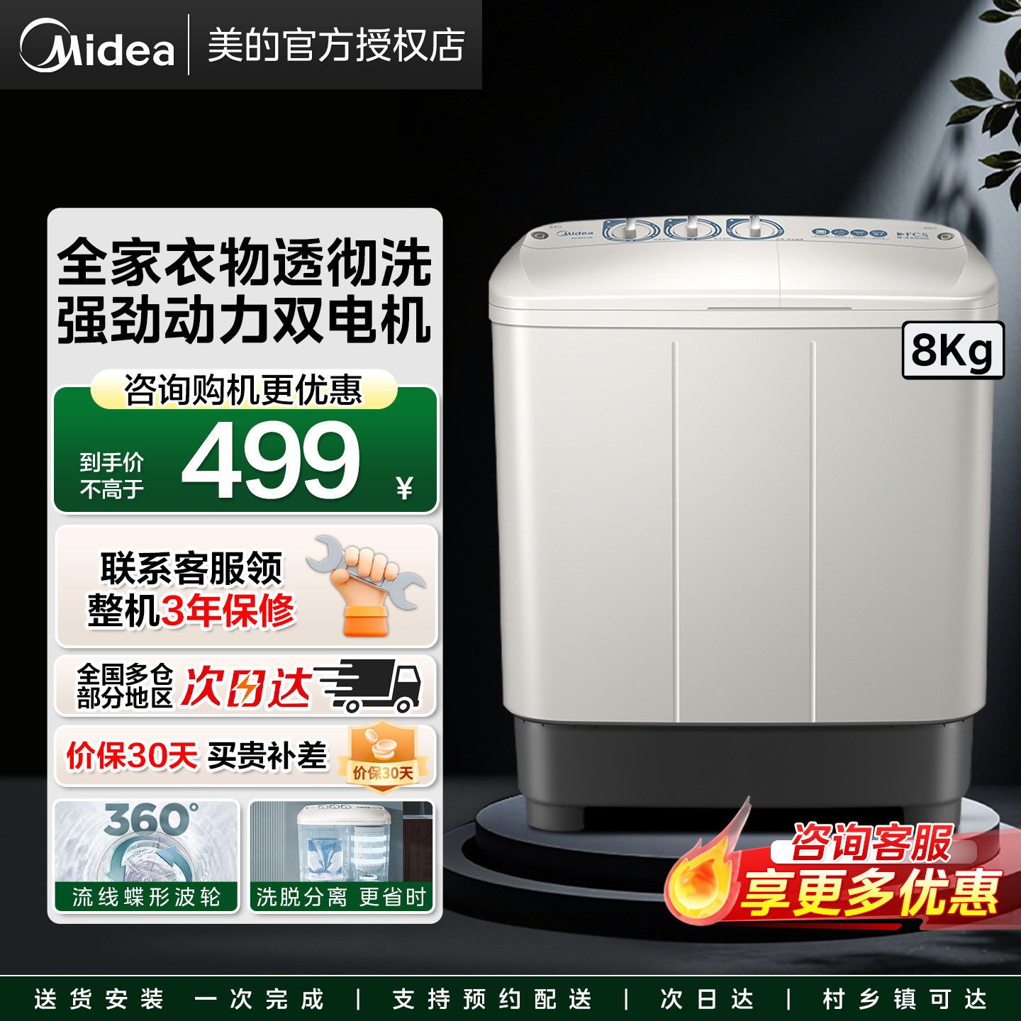 【国家补贴】美的半自动双桶洗衣机双缸波轮家用8公斤MP8DS136图片