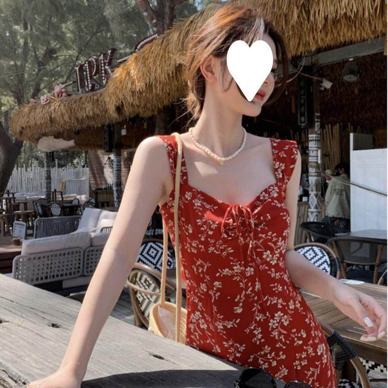 茶歇法式红色碎花吊带连衣裙子女夏季2025年新款海边度假沙滩长裙