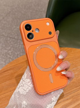 苹果iPhone手机壳橙色磁吸镜头全包硅胶保护套简约