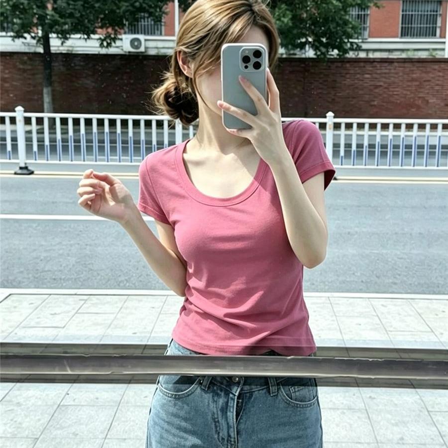 夏季韩版修身U领短袖显瘦T恤女