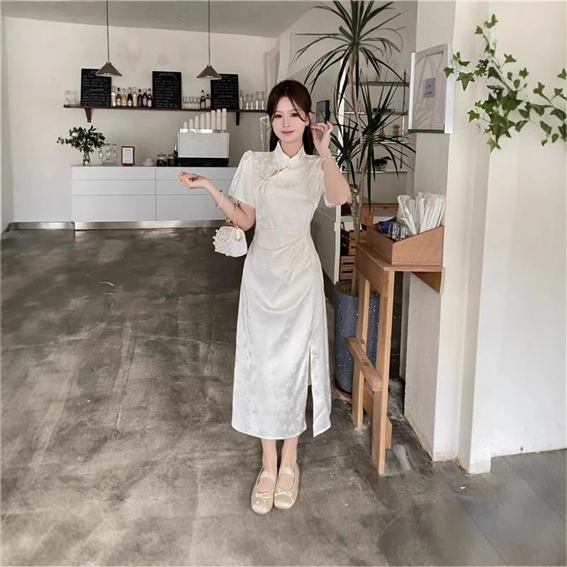 大码女装新款夏季文艺浅色云纹提花中长款旗袍连衣裙胖mm显瘦遮肉