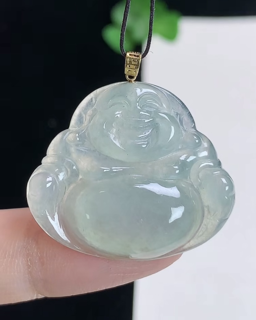天然A货翡翠 缅甸正品玉坠 18k金镶冰种笑佛 佛公吊坠