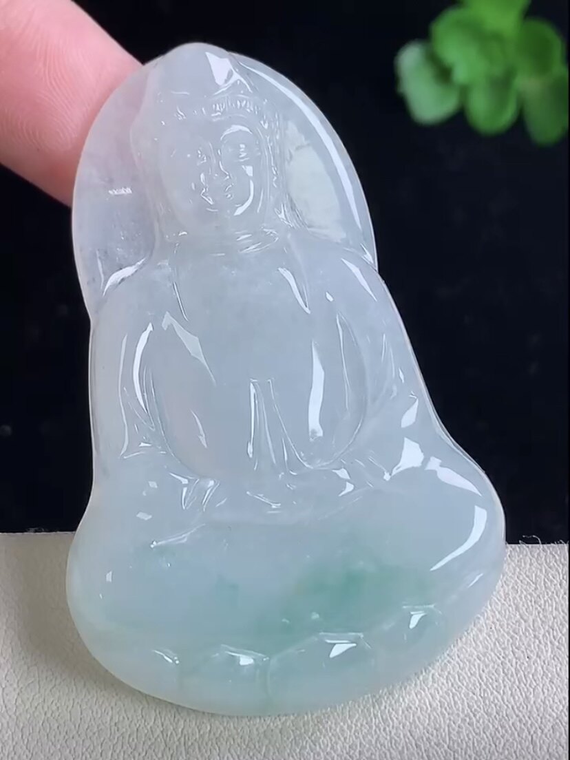 天然A货翡翠 缅甸正品玉坠 冰润飘花宝瓶观音菩萨吊坠 平平安安