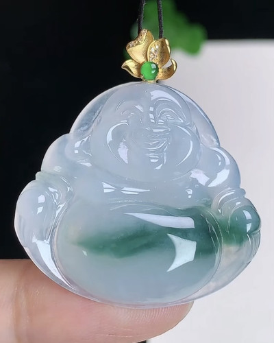 天然A货翡翠 缅甸正品玉坠  18k金镶冰种飘花笑口佛 佛公吊坠