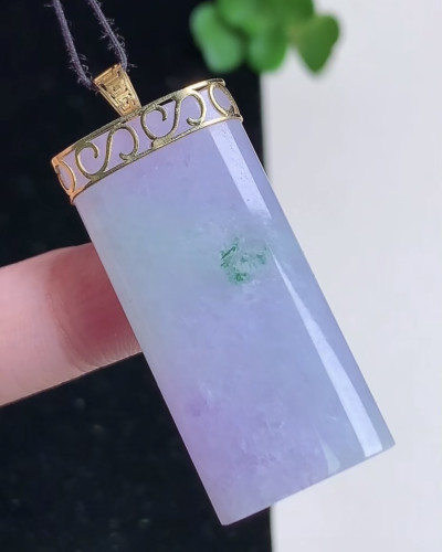 天然A货翡翠 缅甸正品玉坠 18k金镶紫罗兰飘花无事牌 平安柱吊坠