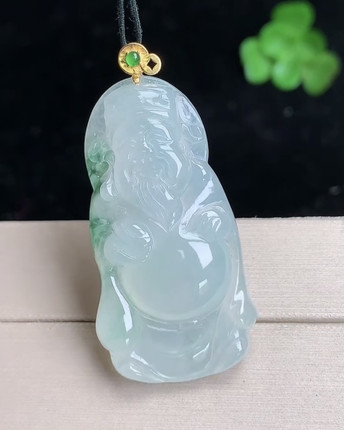 天然A货翡翠 缅甸正品玉坠 18k金镶冰种飘花财神爷吊坠
