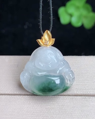 天然A货翡翠 缅甸正品玉坠 18k金镶冰种飘花笑口佛 佛公吊坠