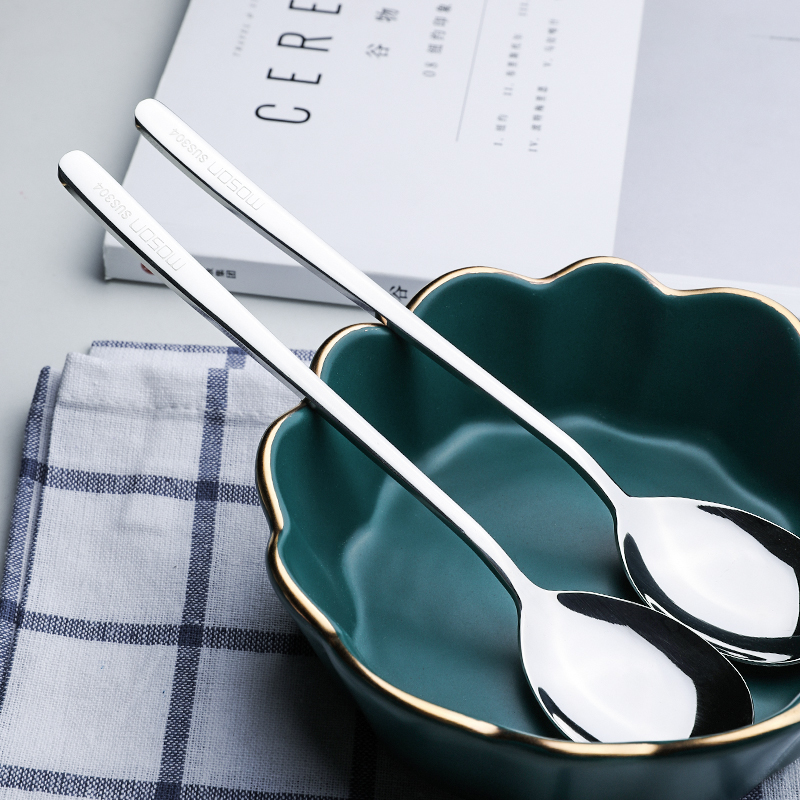 木上304不锈钢勺子家用长柄餐勺韩式搅拌勺汤匙调羹饭勺套装2只装