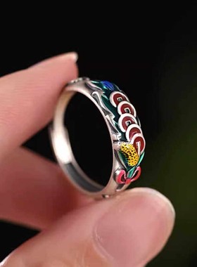 招财转运五帝钱戒指珐琅烧蓝彩色复古风国潮汉服旗袍女纯银可调节