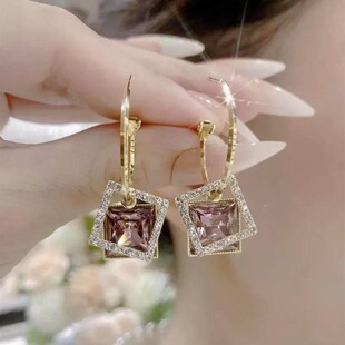 S925纯银针方块水晶耳环轻奢百搭耳钉高级感耳饰小众设计ins女潮