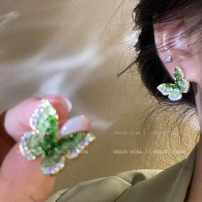 S925纯银水晶蝴蝶耳钉女轻奢小众高级感气质耳环新款爆款独特耳饰