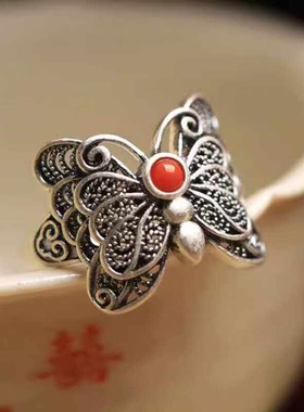 S925纯银南红蝴蝶戒指复古风做旧国潮旗袍食指环女时尚新款可调节