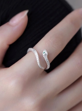 S999足银灵蛇戒指银蛇指环个性百搭小众设计高级精致女食指可调节