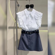 套装女春2025新款爆款高级感POLO领小飞袖白色衬衫蓝色半身裙短裙