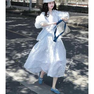 茶里茶气别致套装夏季2025超好看白色波点泡泡袖衬衫半身裙两件套