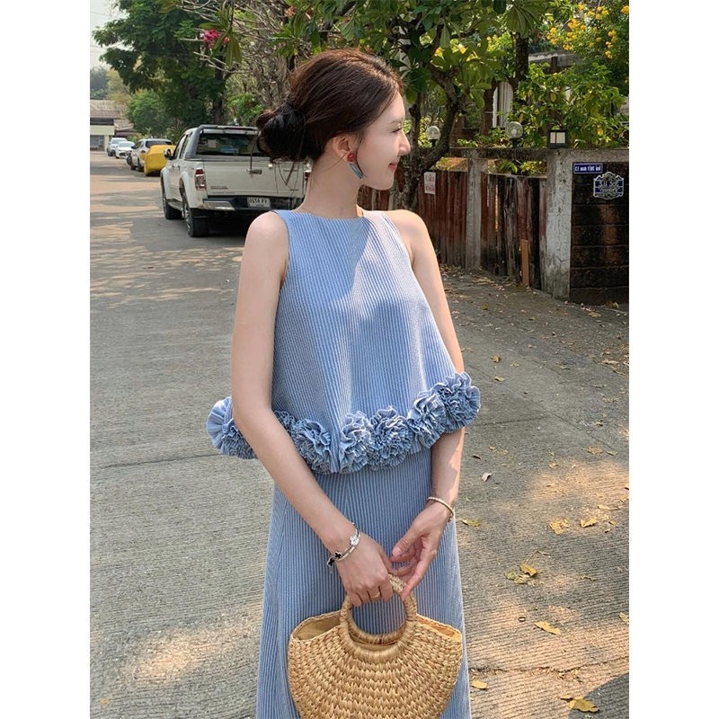 夏季2025新款爆款高级感绝美漂亮气质小香风蓝色条纹连衣裙套装女