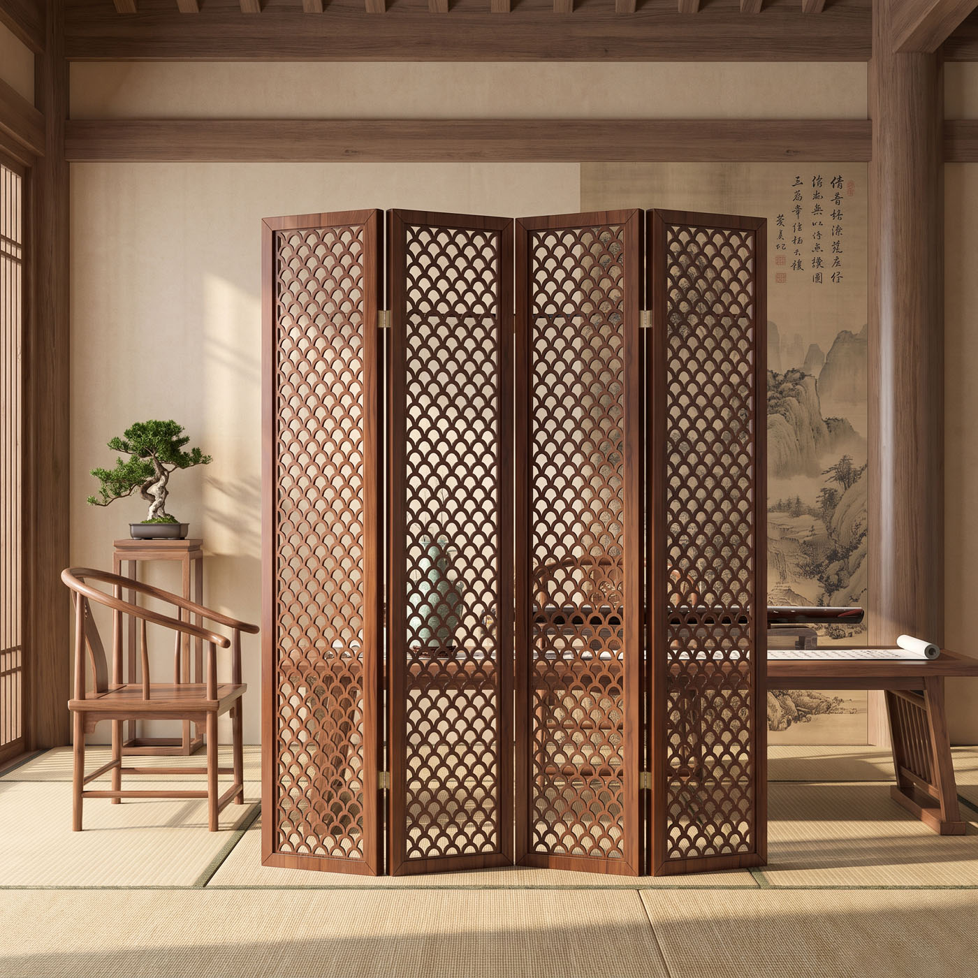 古韵木质可折叠屏风卧室客厅入户玄关家用移动遮挡空间隔断装饰屏
