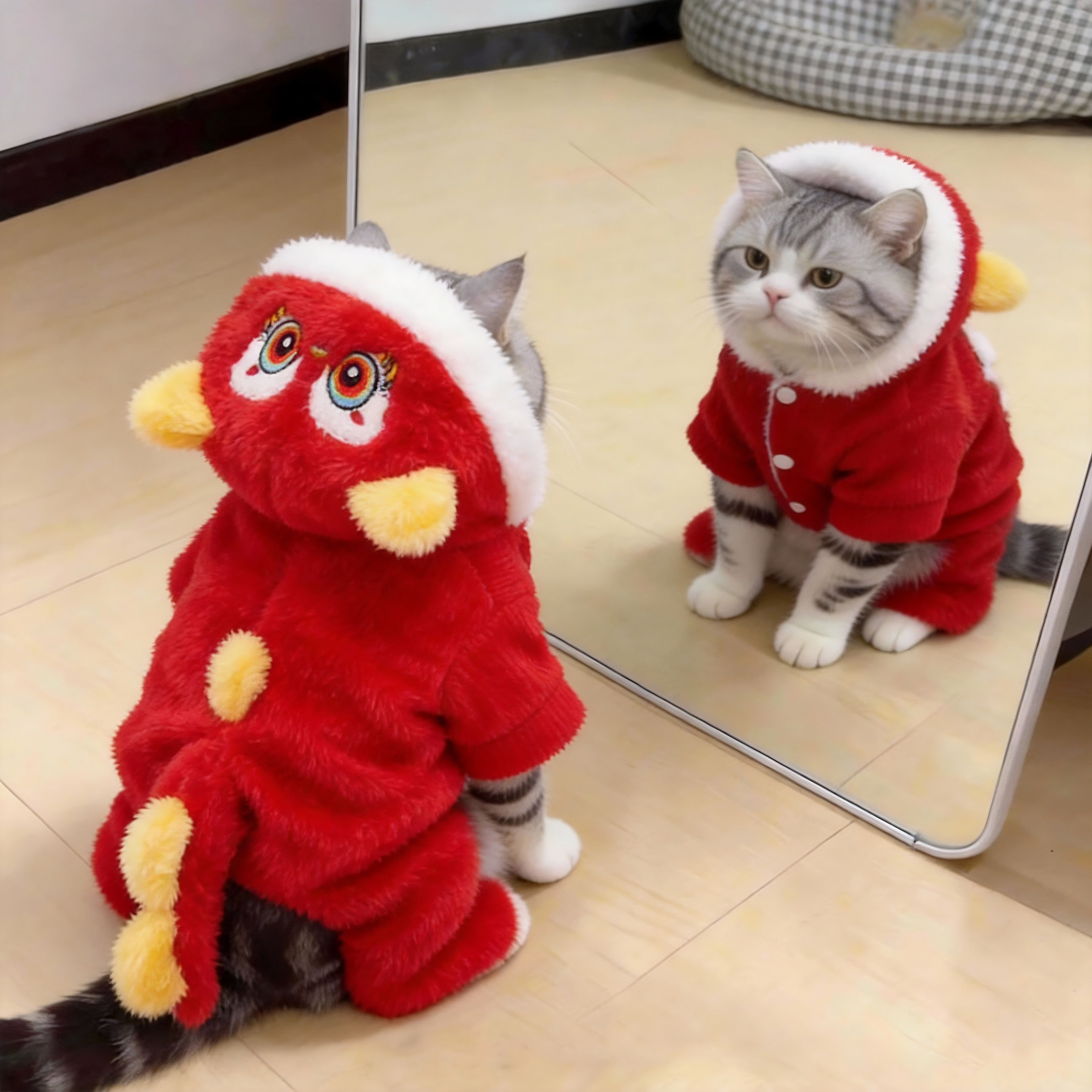 猫咪衣服新年保暖喜庆红狮连帽四脚衣冬天加绒加厚小型犬猫咪唐装