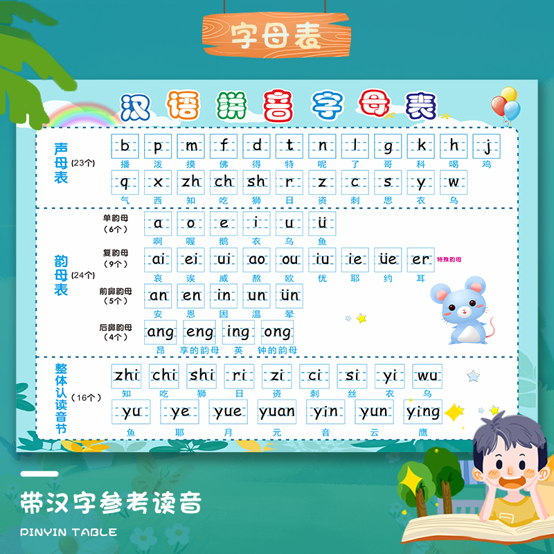 画桥儿童识字汉语拼音表自带背胶