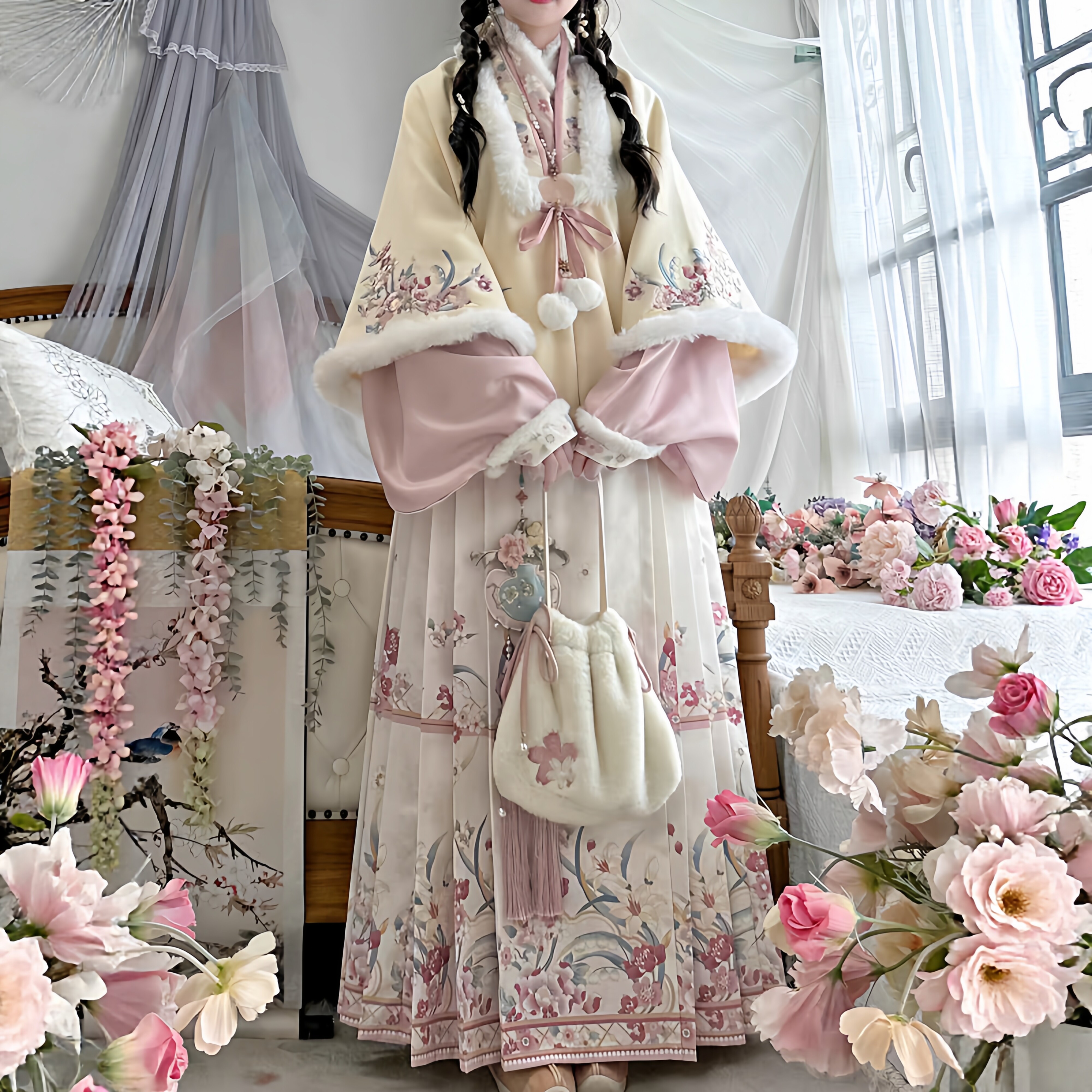 原创汉服女【花语】明制加绒合领披袄琵琶袖马面裙粉色套装冬季款,女装/女士精品,汉服套装,淘宝优惠券,粉丝福利购,淘宝优惠卷