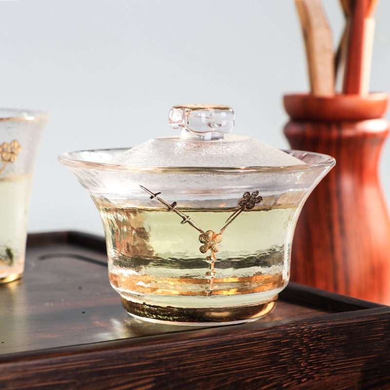 日式创意梅花玻璃盖碗大号三才手绘公道杯品茗杯功夫茶具批发