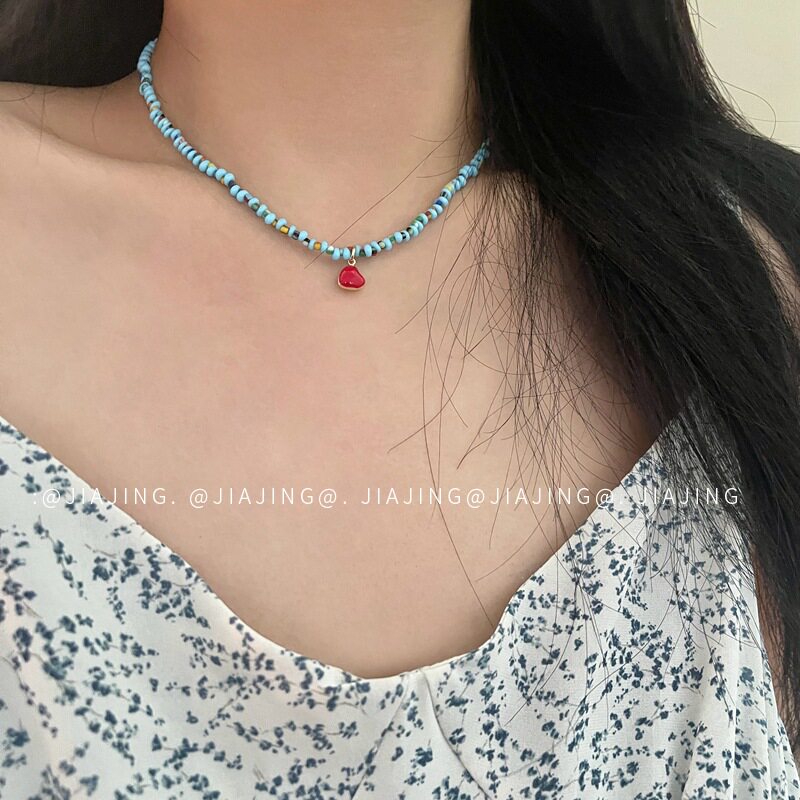 夏日新款蓝色串珠项链红心小众锁骨链个性设计感颈链ins风韩版女