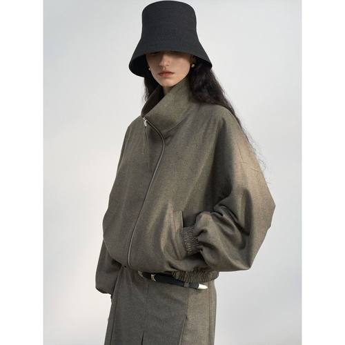 [共线]COLNE春季新款绵羊毛立领宽松收腰双开拉链夹克外套